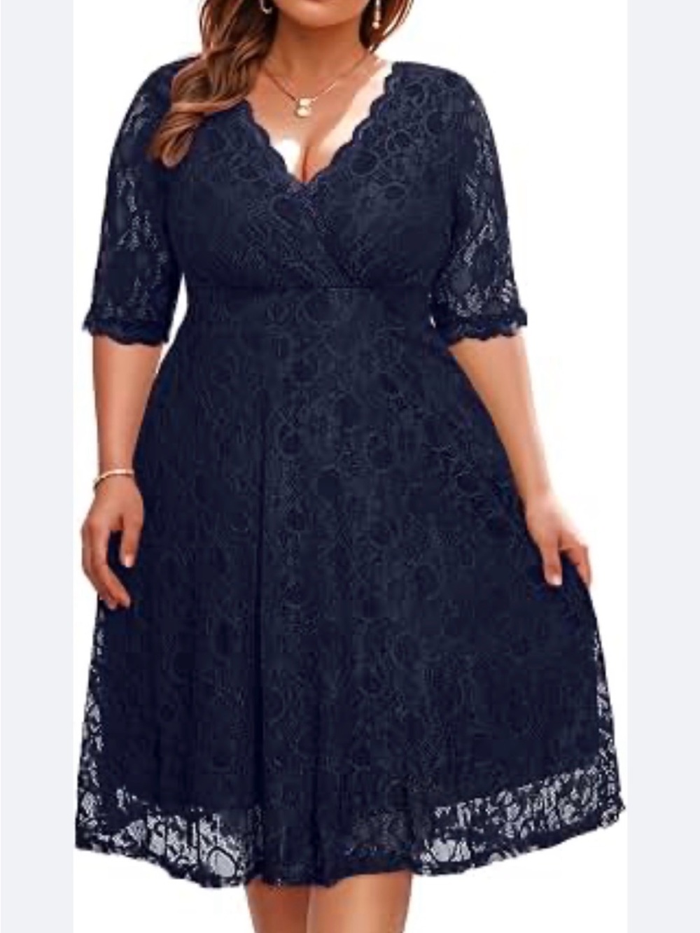 ✔️Clocolor Navy Blue Floral Lace V-Neck Cocktail Dress A-Line 3/4 Sleeve  XL